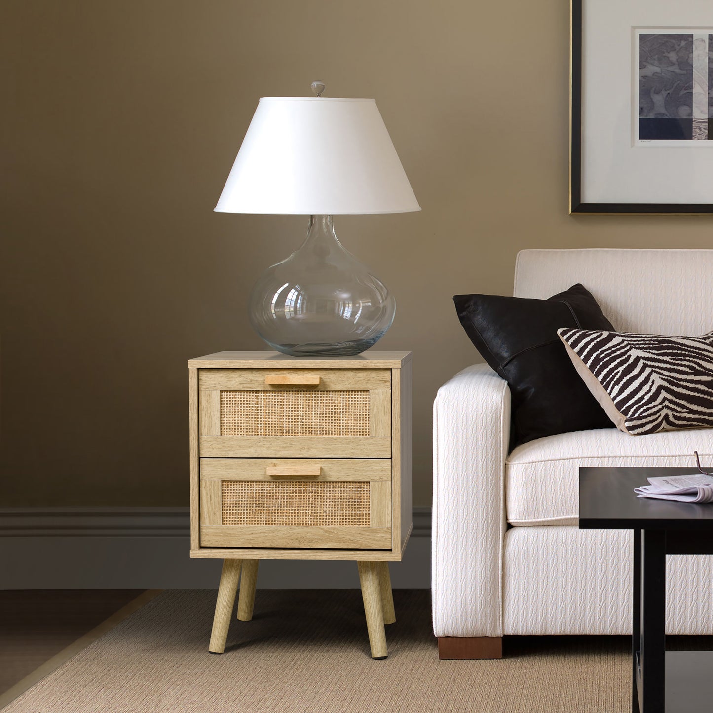 Finnhomy Nightstand, End Table, Side Table with 2 Hand Made Rattan Decorated Drawers, Wood Accent Table with Storage for Bedroom, Natural, F20NS2DV7601