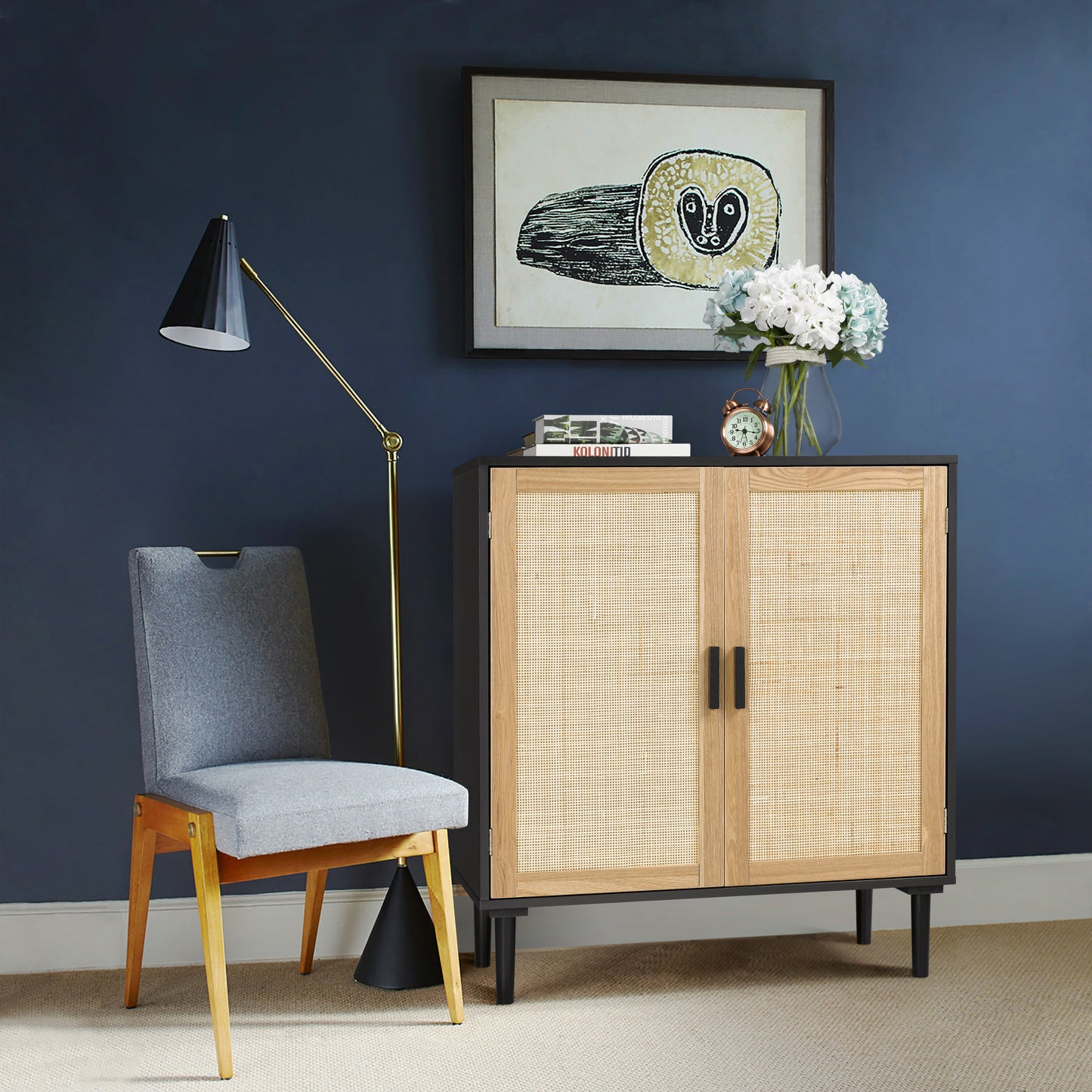 Finnhomy Sideboard Buffet Cabinet, Kitchen Storage Cabinet with Rattan Decorated Doors, Liquor Cabinet for Bar, Dining Room, Hallway, Cupboard Console Table, Accent Cabinet, 31.5X 15.8X 34.6 Inches, F20SCRD1V7603