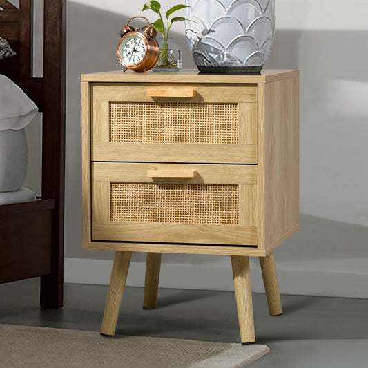 Finnhomy Nightstand, End Table, Side Table with 2 Hand Made Rattan Decorated Drawers, Wood Accent Table with Storage for Bedroom, Natural, F20NS2DV7601