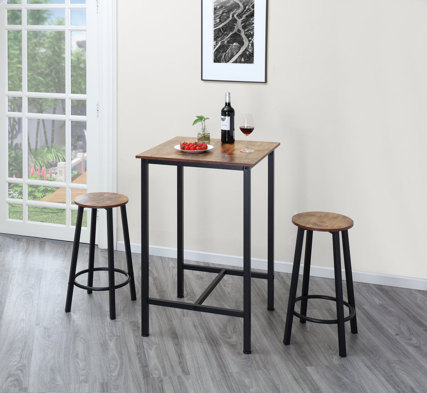 Finnhomy Bar Table Set, 23.6" Pub Table High Top Table, Square Bar Height Table, Bar Table with Stools, Kitchen Table Set for 2, Dining Table Set, Breakfast for Kitchen, Living Room, Rustic Brown,F20TBBTSSR7264