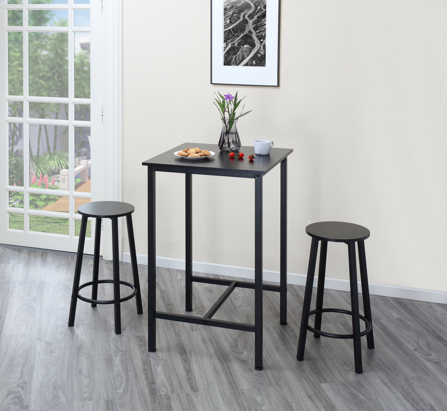 Finnhomy Bar Table Set, 23.6" Pub Table High Top Table, Square Bar Height Table, Bar Table with Stools, Kitchen Table Set for 2, Industrial Breakfast for Kitchen, Living Room, Rustic Black,F20TBBTSSH7263