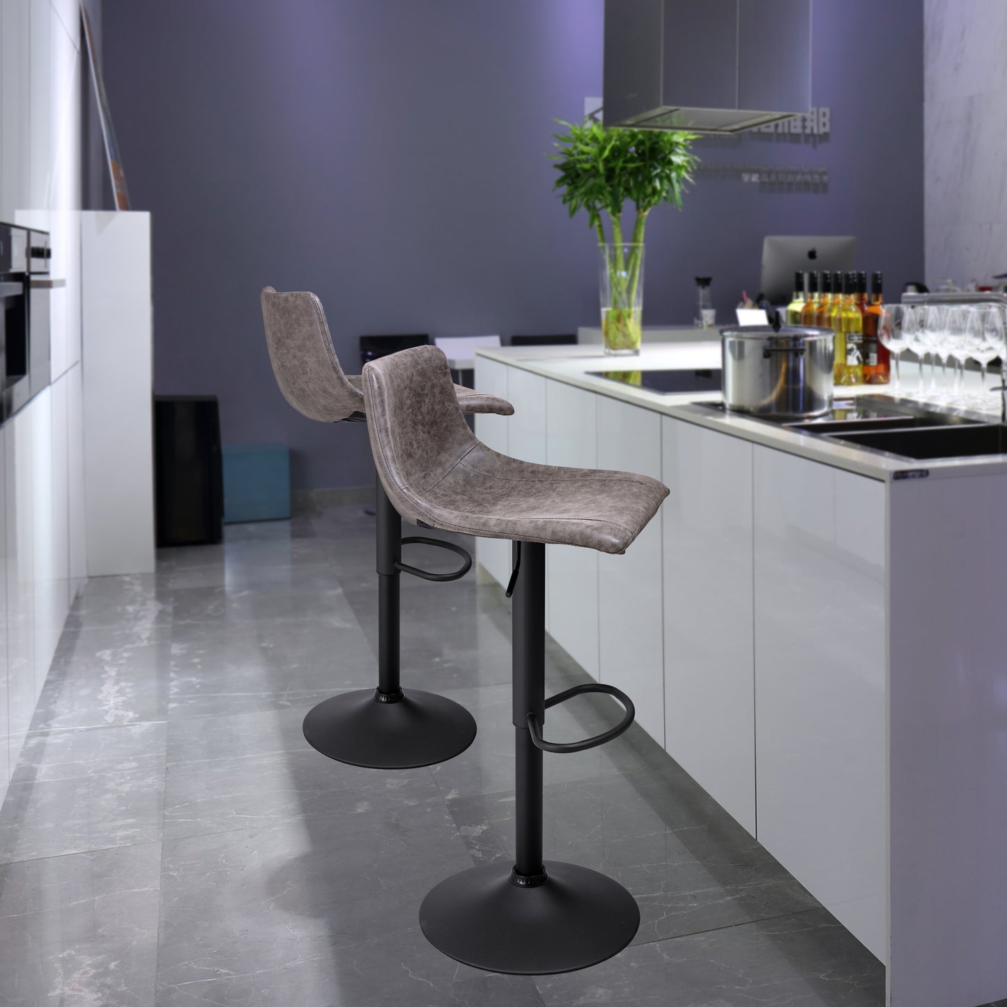 Finnhomy Bar Stool with Swivel & Adjustable Height, Set of 2, Vintage Leather, Retro Grey, F20BS2GT9534