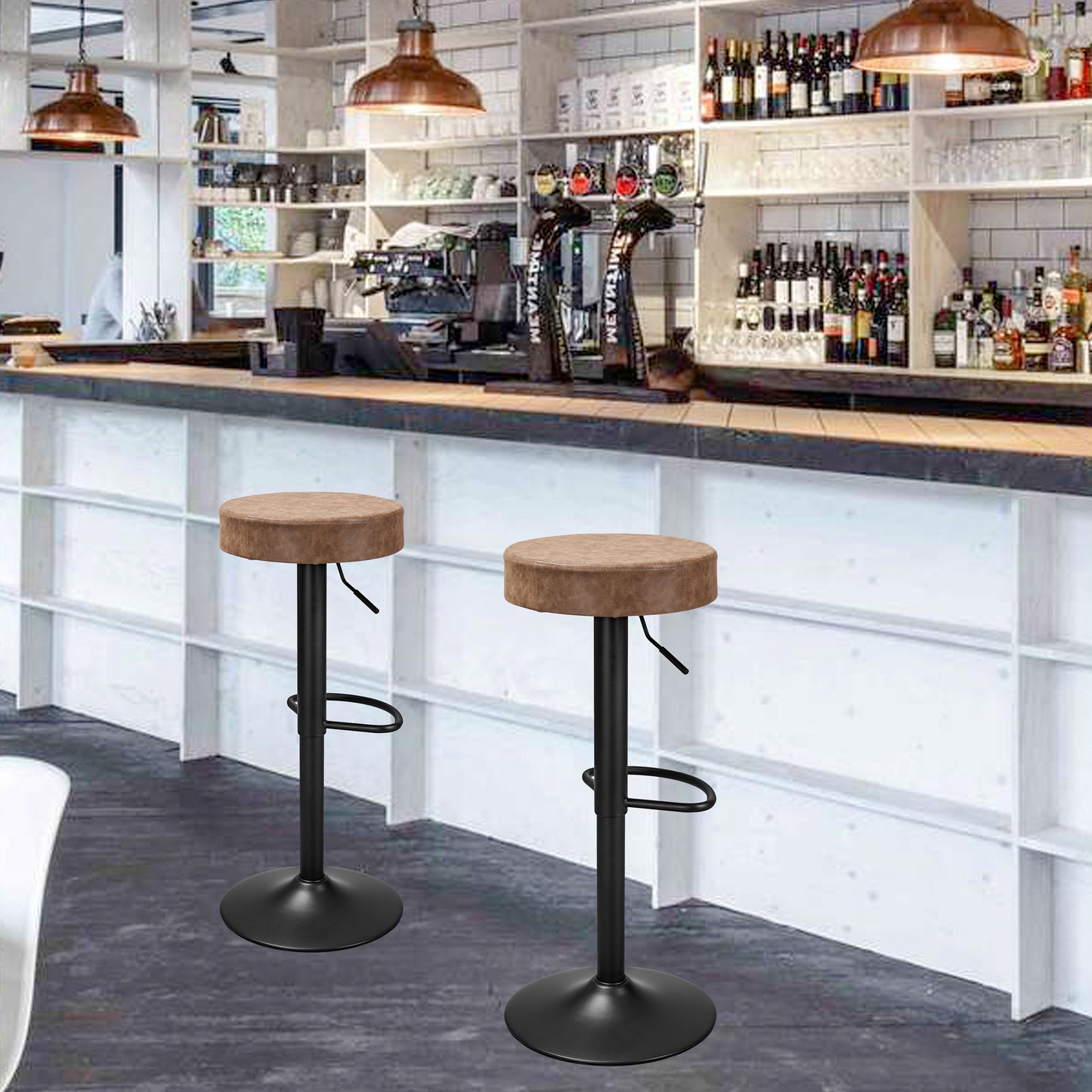 Finnhomy Bar Stools Set of 2 Counter Height, Swivel Barstools with Footrest and Backless Round, Height Adjustable Modern Bar stools for Kitchen, Vintage Leather, Retro Brown