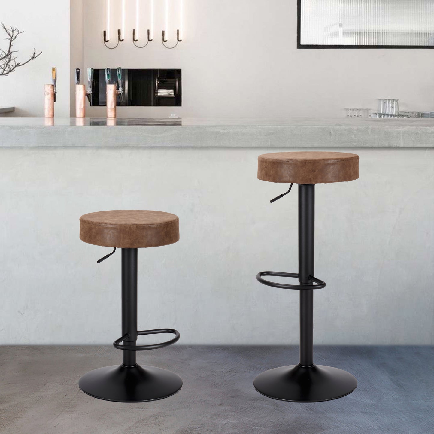 Finnhomy Bar Stools Set of 2 Counter Height, Swivel Barstools with Footrest and Backless Round, Height Adjustable Modern Bar stools for Kitchen, Vintage Leather, Retro Brown