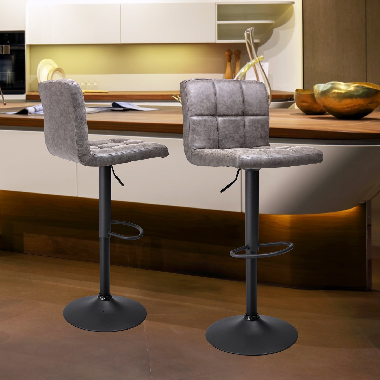 Finnhomy Bar Stool with Adjustable Height & Swivel, Set of 2, Vintage Leather, Retro Grey, F20BS5GT9538
