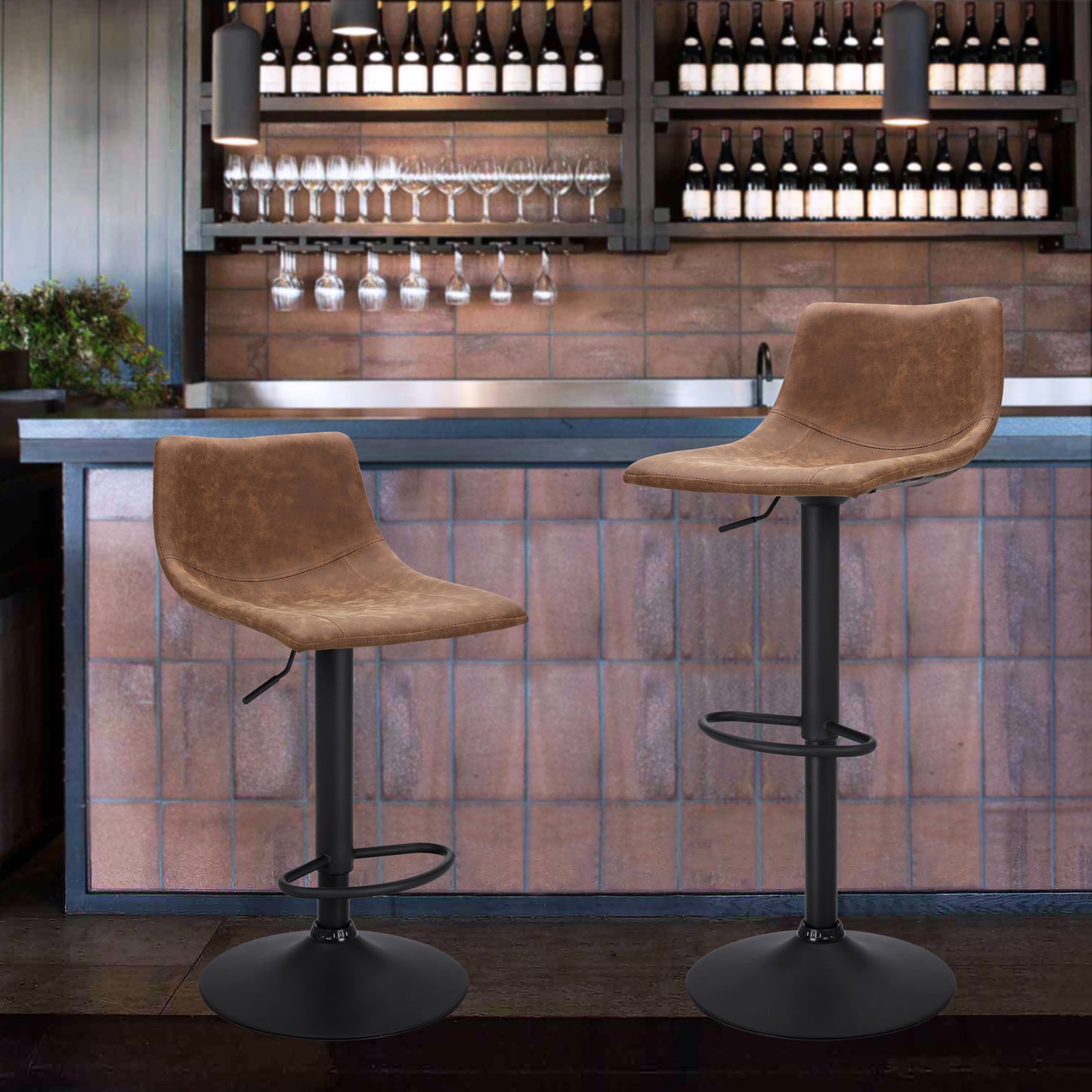 Finnhomy Bar Stool with Swivel & Adjustable Height, Set of 2, Vintage Leather, Retro Brown, F20BS2BT9533