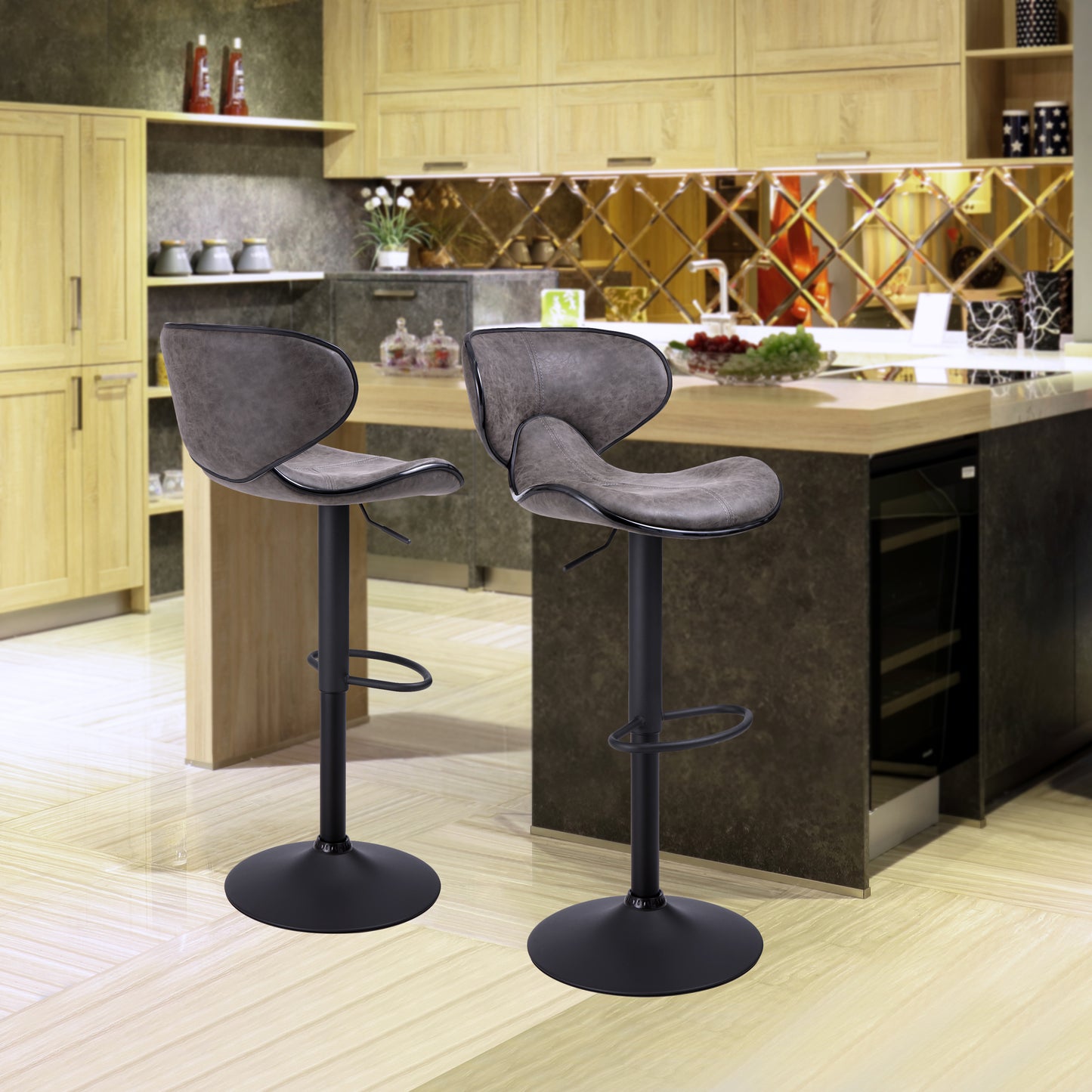 Finnhomy Bar Stool with Adjustable Height & Swivel, Set of 2, Vintage Leather, Retro Grey, F20BSLGT9532