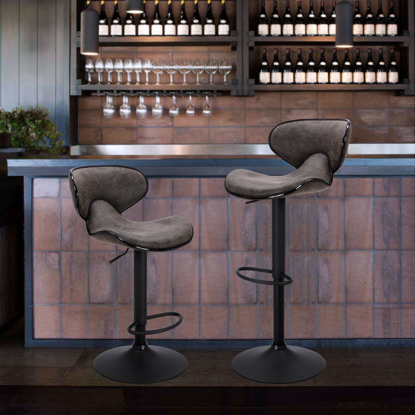 Finnhomy Bar Stool with Adjustable Height & Swivel, Set of 2, Vintage Leather, Retro Grey, F20BSLGT9532