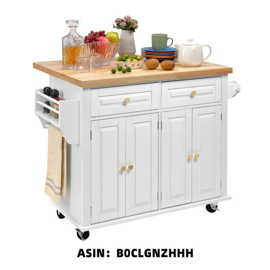 Finnhomy Rolling Kitchen Island With Drop Leaf, Thicken Rubberwood Top, Spice Rack, Towel Rack, Drawer, 43.3" Portable Mobile Kitchen Island Carts Table, Storage Cabinet, Both Wheels and Feet Included