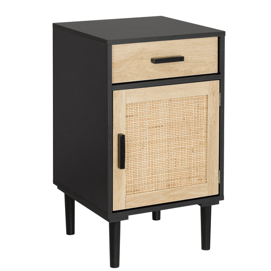 Finnhomy Tall Nightstand, End Table, Side Table with Drawer and Shelf, Hand Made Rattan Decorated Doors, Wood Accent Table with Storage for Bedroom, Black, F20NSWCV7602