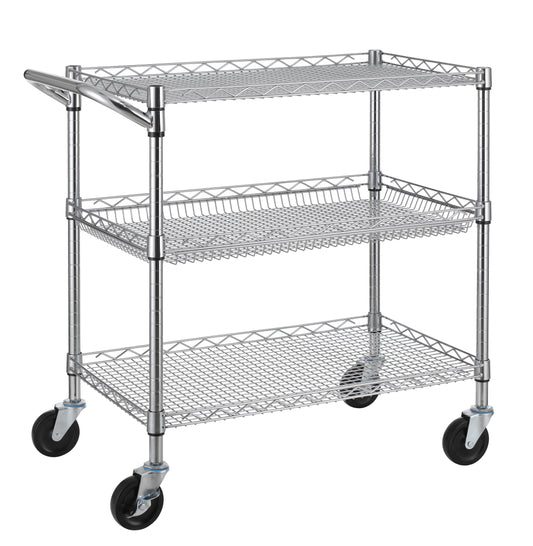 Finnhomy 3 Tier Heavy Duty Commercial Grade Utility Cart, Wire Rolling Cart with Handle Bar, Steel Service Cart with Wheels, Utility Shelf Plant Display Shelf Food Storage Trolley