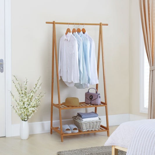 Finnhomy Bamboo Clothes Rack Portable Extra Large Garment Rack 2-Tire Storage Box Shelves For Entryway and Bed Room, F20SHG2R7130