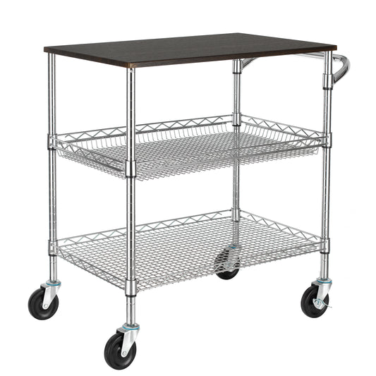 Finnhomy 3 Tier Heavy Duty Commercial Grade Utility Cart with Wood Top, Wire Rolling Cart with Handle Bar, Steel Service Cart with Wheels, Utility Shelf Food Storage Trolley, NSF Listed
