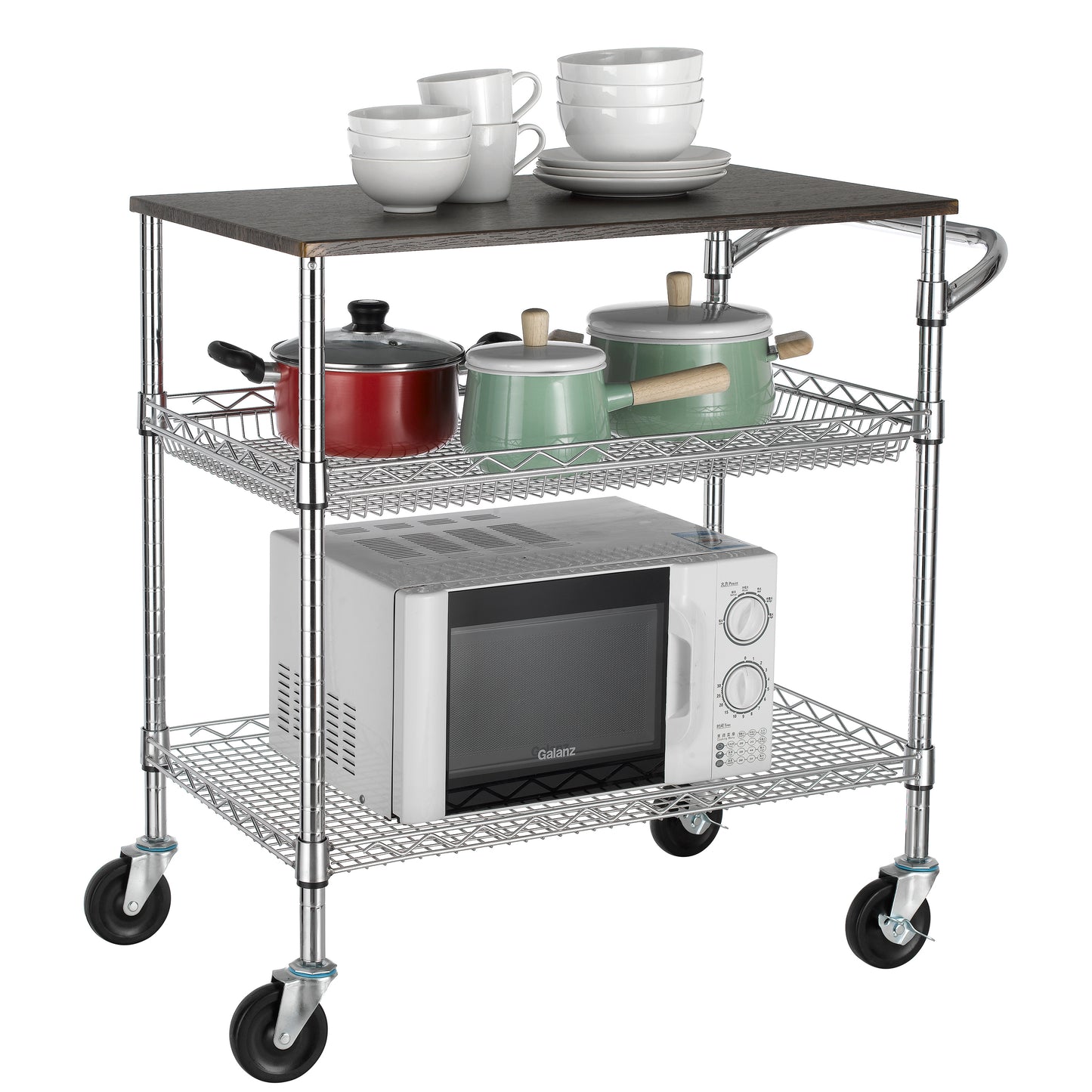 Finnhomy 3 Tier Heavy Duty Commercial Grade Utility Cart with Wood Top, Wire Rolling Cart with Handle Bar, Steel Service Cart with Wheels, Utility Shelf Food Storage Trolley, NSF Listed