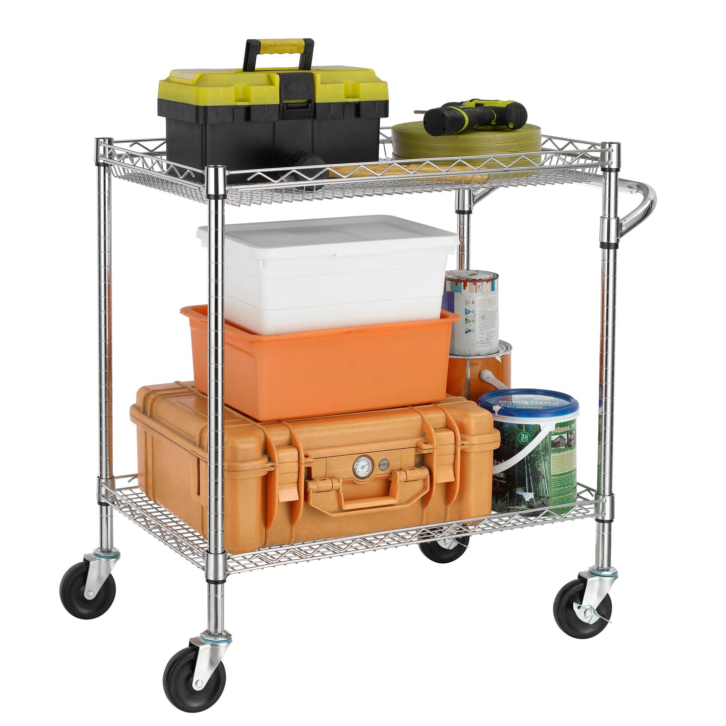 Finnhomy 3 Tier Heavy Duty Commercial Grade Utility Cart with Wood Top, Wire Rolling Cart with Handle Bar, Steel Service Cart with Wheels, Utility Shelf Food Storage Trolley, NSF Listed