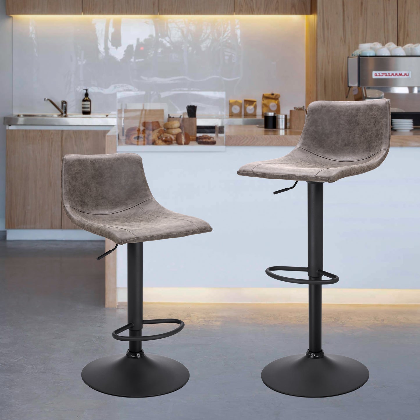 Finnhomy Bar Stool with Swivel & Adjustable Height, Set of 2, Vintage Leather, Retro Grey, F20BS2GT9534