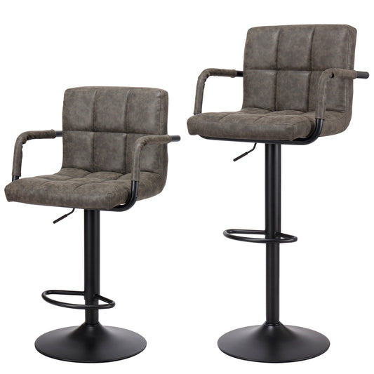Finnhomy Bar Stools Set of 2 Counter Height, Swivel Barstools with Armrest and L Shape Thicken Cushion Back, Height Adjustable Modern Bar stools for Kitchen, Vintage Leather, Retro Grey