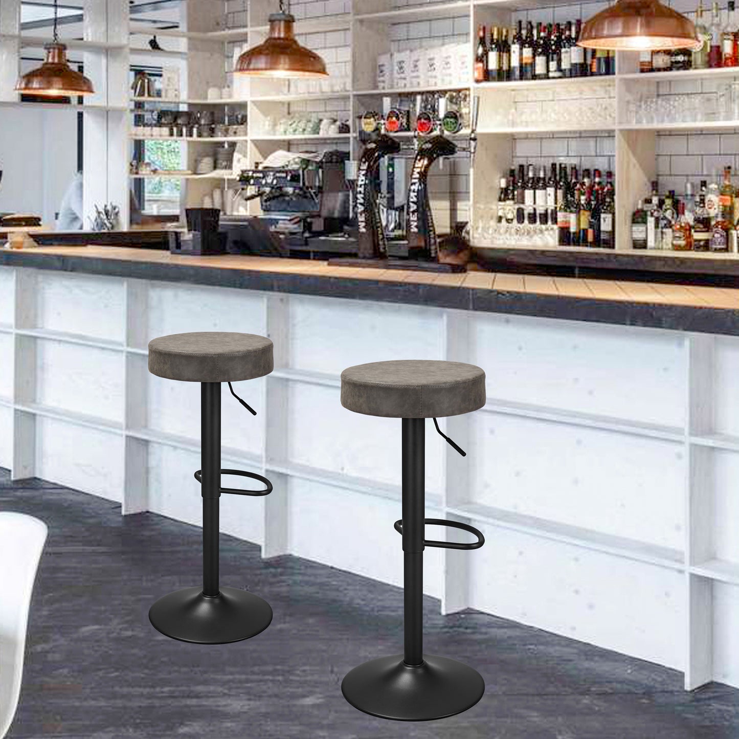 Finnhomy Bar Stools Set of 2 Counter Height, Swivel Barstools with Footrest and Backless Round, Height Adjustable Modern Bar stools for Kitchen, Vintage Leather, Retro Grey