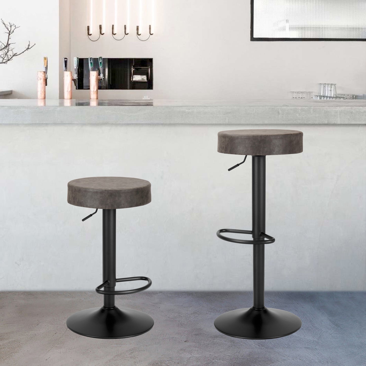 Finnhomy Bar Stools Set of 2 Counter Height, Swivel Barstools with Footrest and Backless Round, Height Adjustable Modern Bar stools for Kitchen, Vintage Leather, Retro Grey